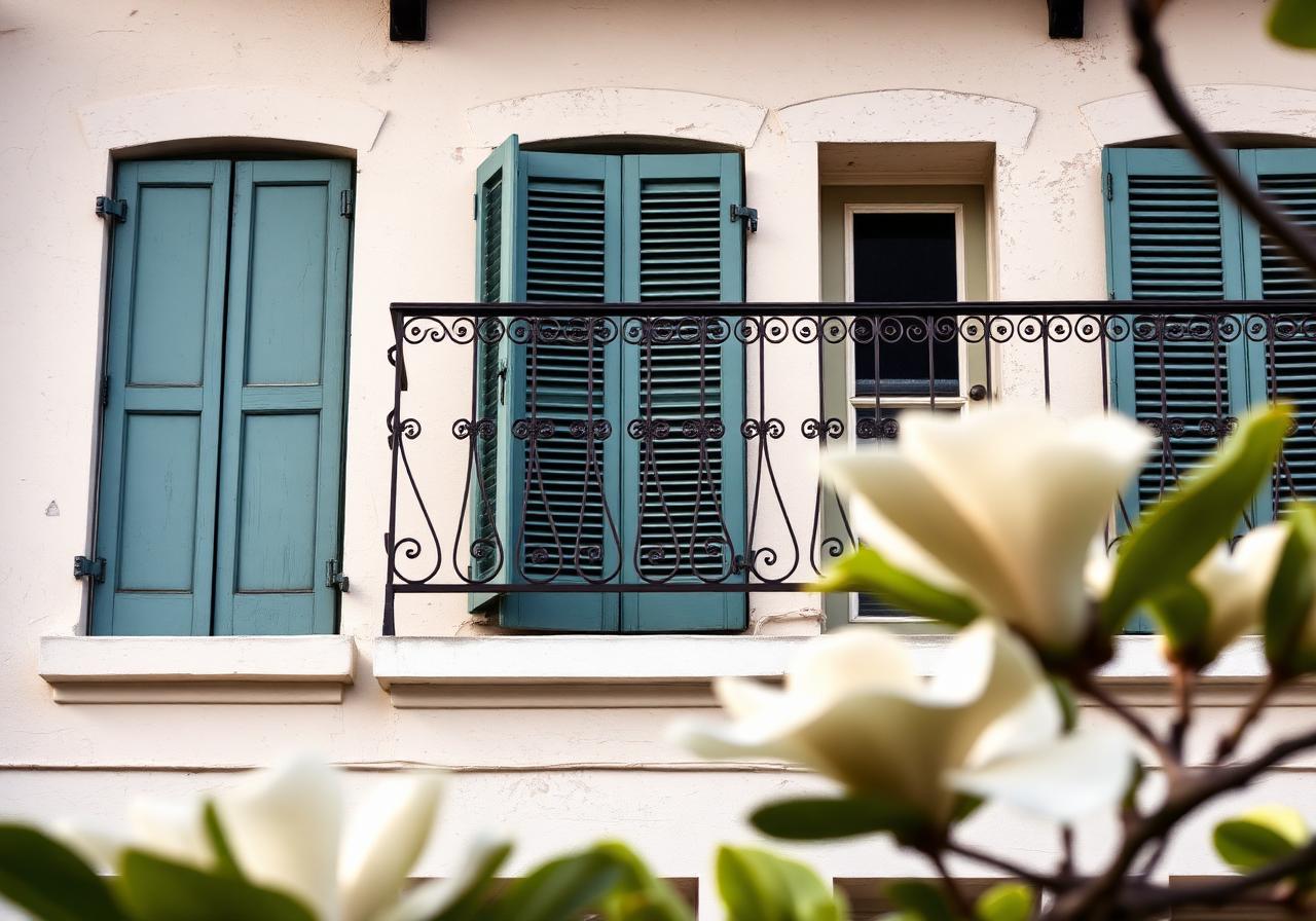 A New Orleans Garden District balcony with weathered teal shutters and a magnolia branch in soft focus