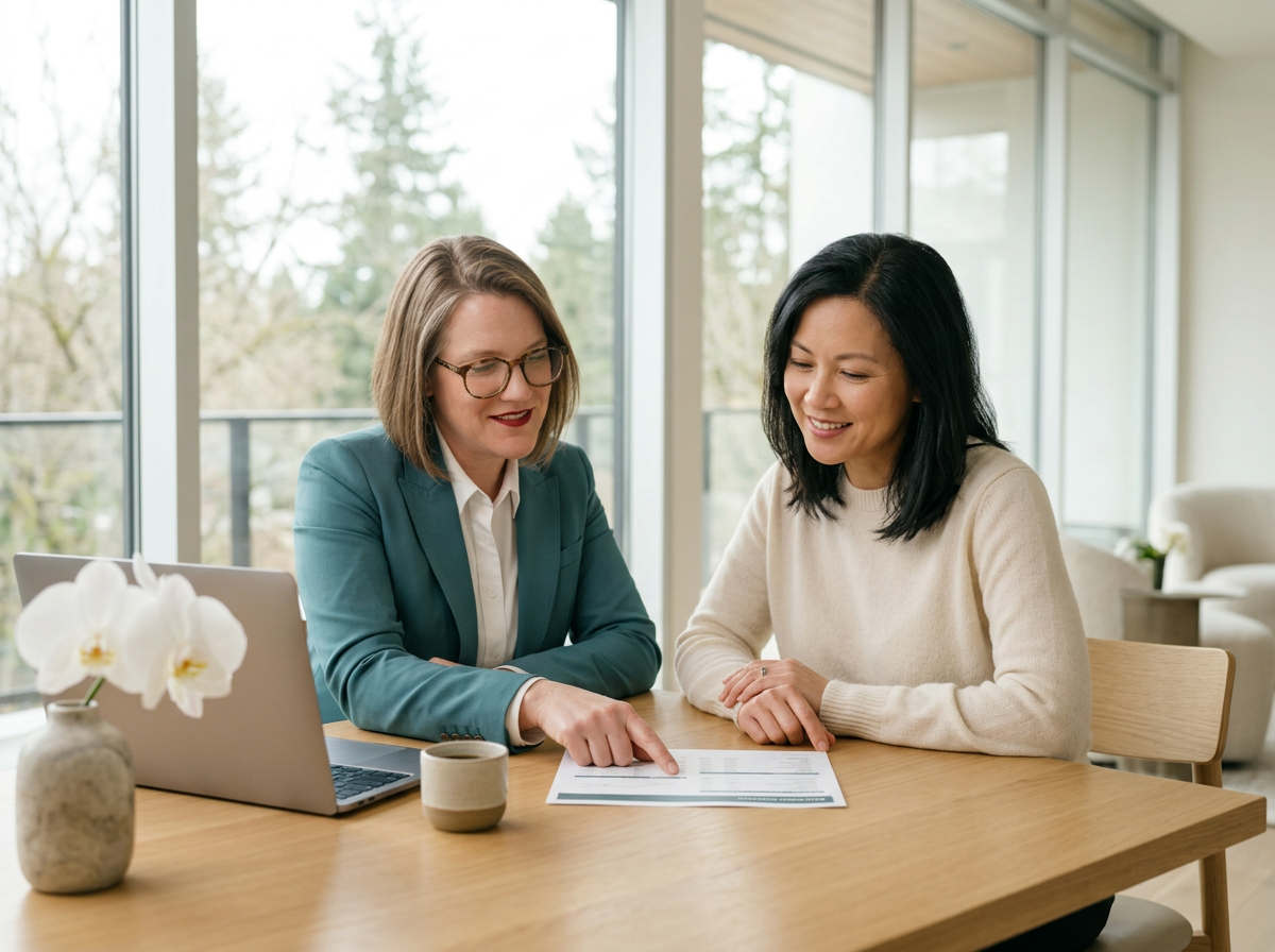 A group of confident modern women collaborating in a bright, sophisticated workspace